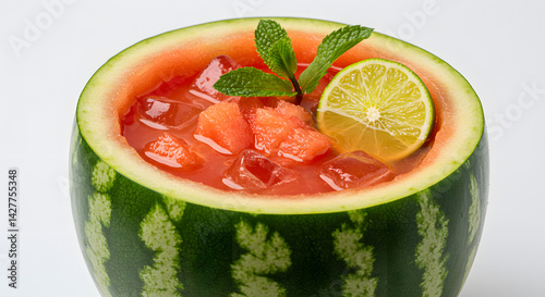 tropical drink served inside hollowed-out watermelon isolated on bright white background