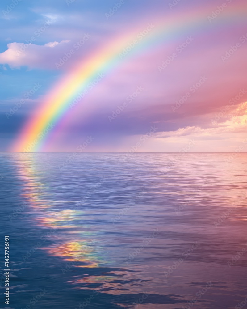 A breathtaking view of a vibrant rainbow arching over a calm ocean, reflecting colors on the water's surface, with soft clouds and a serene sunset in the background, perfect for nature-themed projects A breathtaking view of a vibrant rainbow arching over a calm ocean, reflecting colors on the water's surface, with soft clouds and a serene sunset in the background, perfect for nature-themed projects