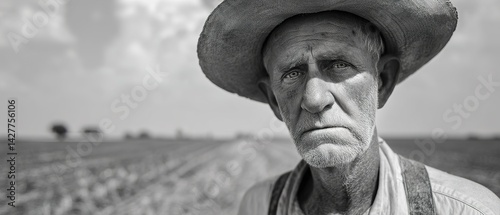 Elderly man in hat stands in field in black and white.