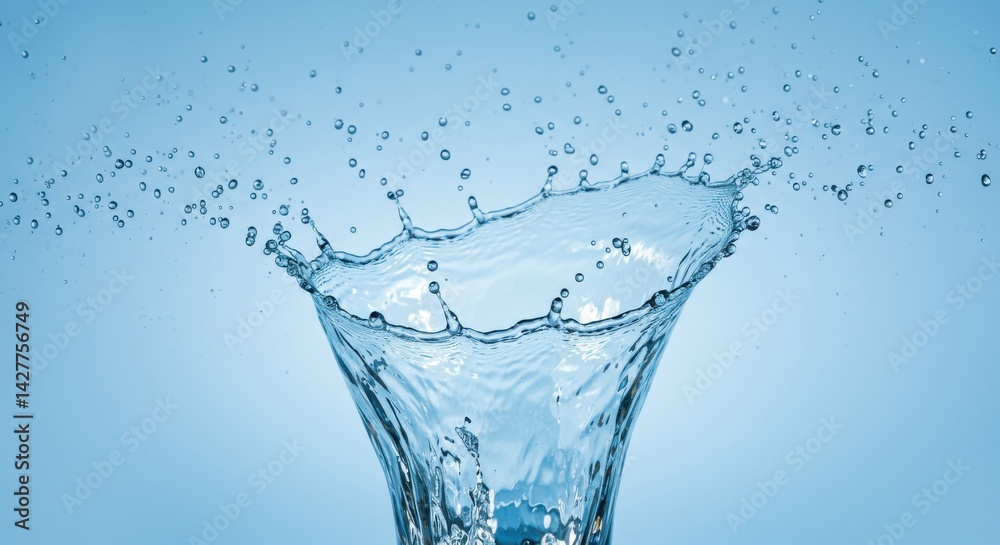 A dynamic water splash with droplets suspended in air against a light blue gradient background image A dynamic water splash with droplets suspended in air against a light blue gradient background image