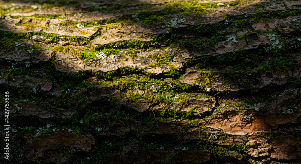 Textured Tree Bark With Patches Of Moss In Contrasting Light Textured Tree Bark With Patches Of Moss In Contrasting Light