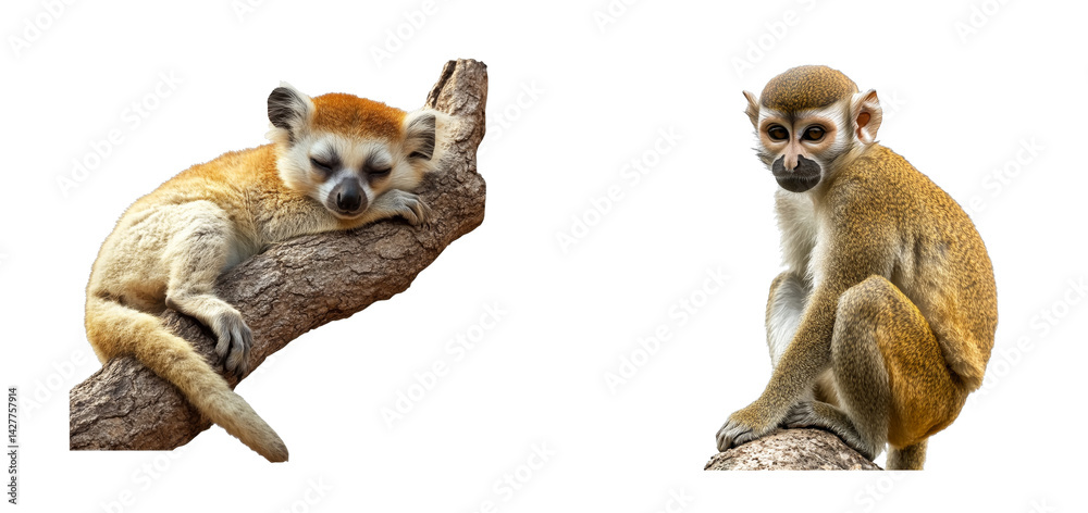 Fototapeta premium Two tropical primates resting in the trees, wildlife nature, cut out transparent
