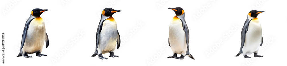 Fototapeta premium Emperor penguins standing in a row, isolated on black, cut out transparent