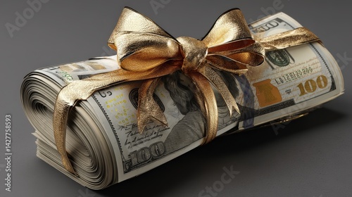 Rolled dollar bill with a decorative bow for a creative presentation of financial gifts and celebrations