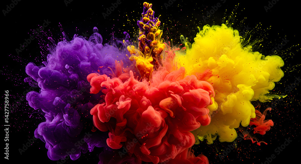 Obraz premium Vibrant Color Cloud Explosion on Black Background for Creative Visuals