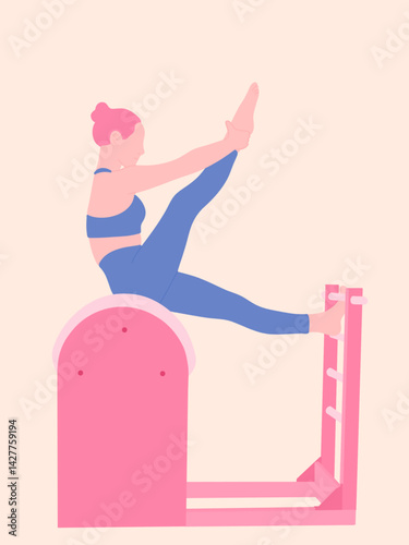 Pilates concept illustration - Woman is working out on Pilate Barrel