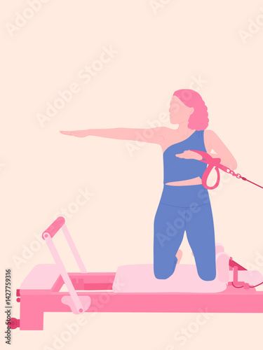 Pilates concept illustration - Woman is working out on Pilate Reformer