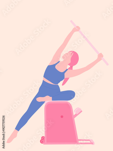 Pilates concept illustration - Woman is working out with a stick on Pilate chess