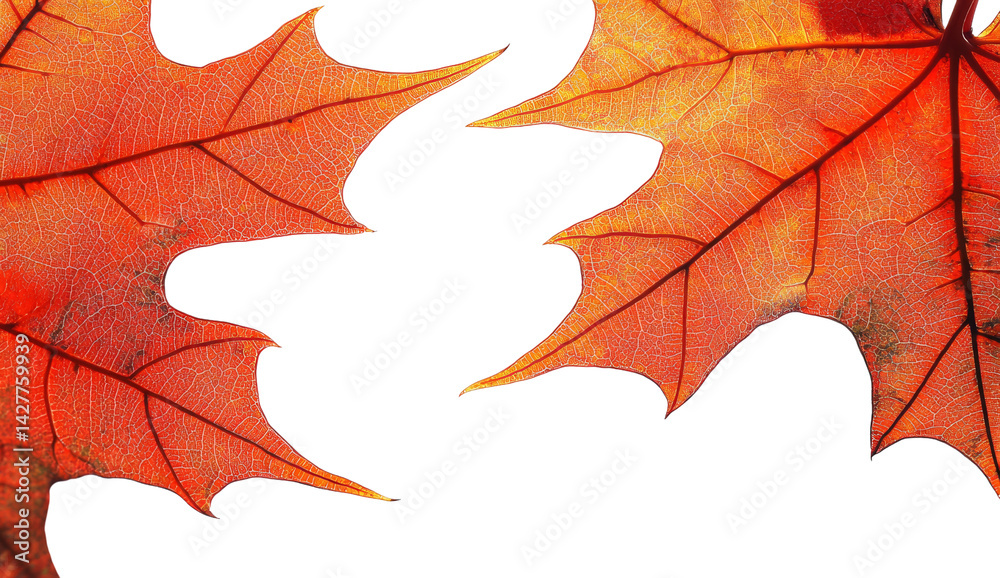 Obraz premium Autumnal orange maple leaves show detailed veins.
