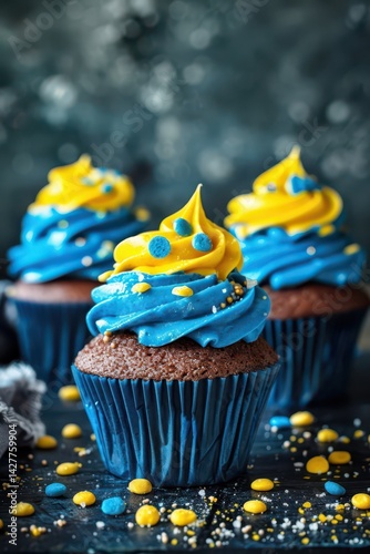 Celebration cupcakes with swedish flag colors for national day festivities. Sveriges nationaldag. Vertical banner. Copy space. Cupcackes in colors of flag of Sweden photo