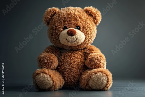 A cute soft brown teddy bear is sitting in a studio