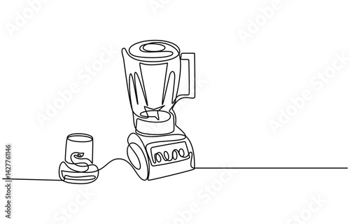 Blender Smoothie Maker Food Processor continuous one line art drawing, One single line drawing of electric blender home appliance for making fruit juice smoothie