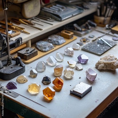 Crystal faceting supplies on lapidary desk, cutting station with polishing tools, mineral focus -
