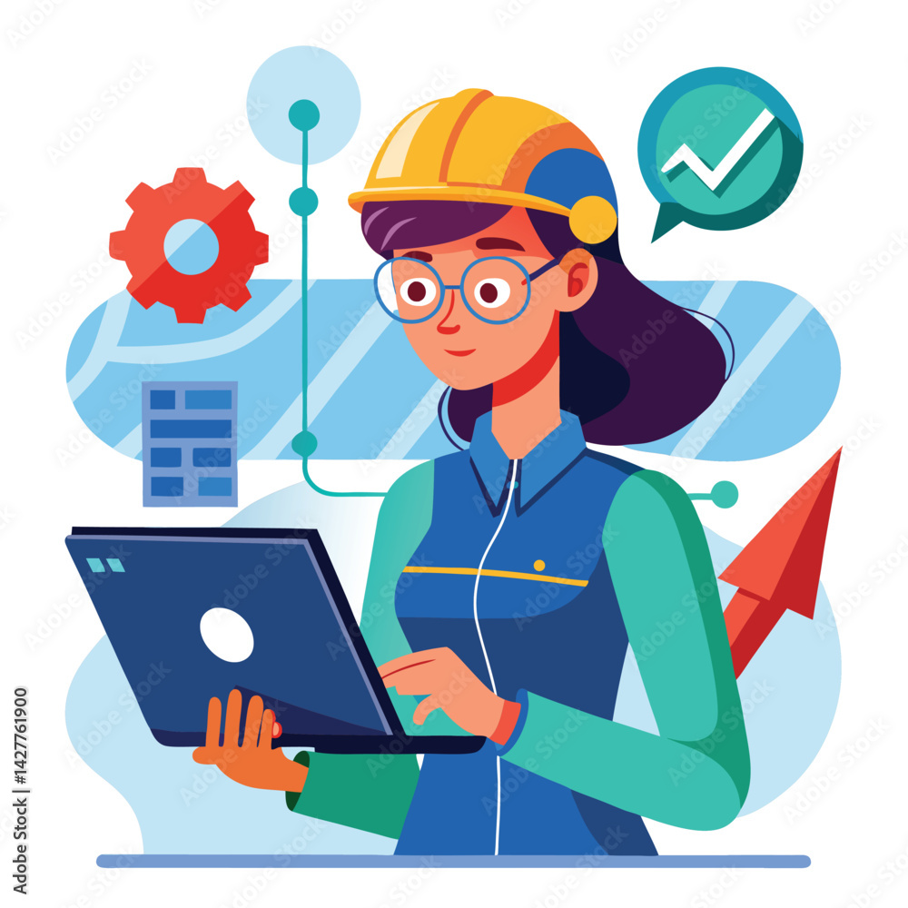 female engineer checks the program and discovers an error. Hand drawn style vector design illustrations.