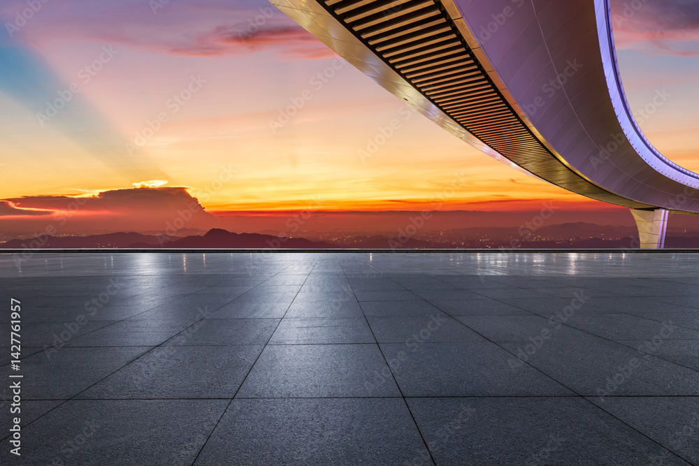 Empty square platform and bridge with beautiful sky clouds at sunset