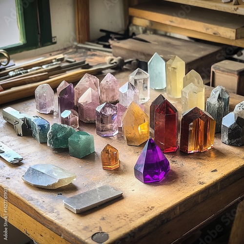 Crystal faceting supplies on lapidary desk, cutting station with polishing tools, mineral focus -