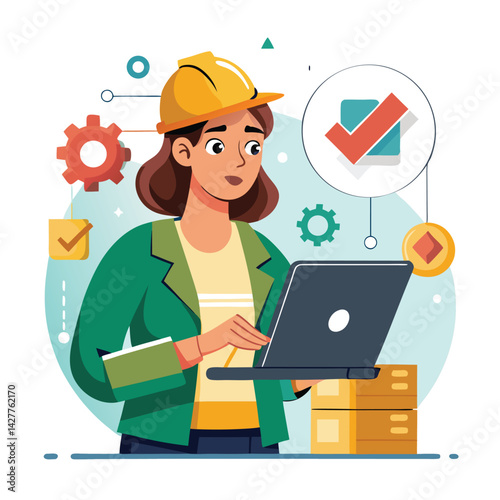 female engineer checks the program and discovers an error. Hand drawn style vector design illustrations.
