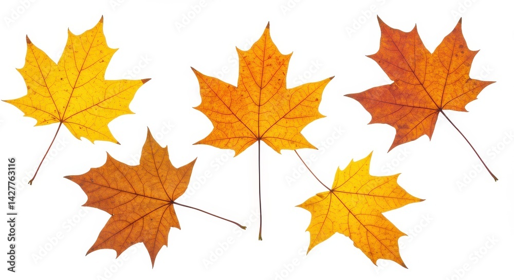 A display of six maple leaves in various shades of yellow and orange on a white background plain studio shot A display of six maple leaves in various shades of yellow and orange on a white background plain studio shot