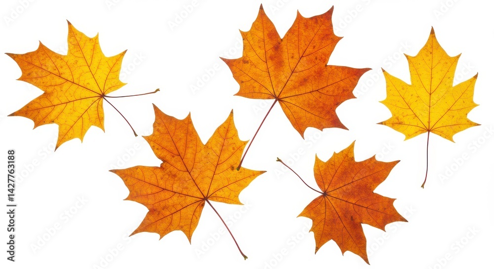 Isolated autumn maple leaves in yellow and orange hues against a plain white background studio shot Isolated autumn maple leaves in yellow and orange hues against a plain white background studio shot