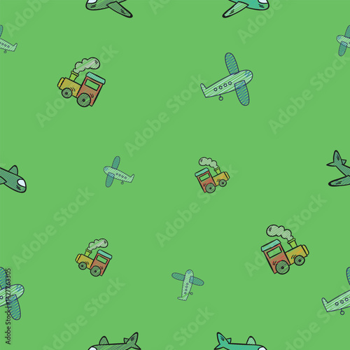 Car and plane seamless pattern set for boy pajama clothing or bedding textile. Cute vector not directional designs with clouds, think bubble and sleep sound graphic.