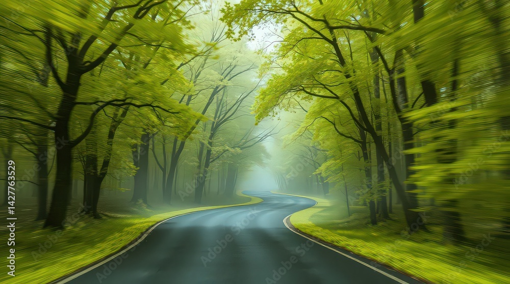 Obraz premium A winding road through a lush green forest with trees on either side