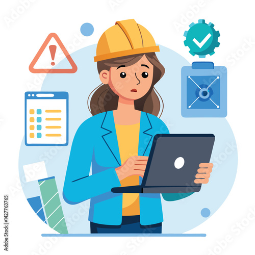 female engineer checks the program and discovers an error. Hand drawn style vector design illustrations.