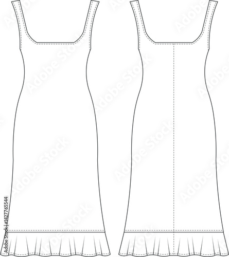 square neck sleeveless strappy strapped ruffled frilled shoulder straps straight a line pencil cut short dress template technical drawing flat sketch cad mockup fashion woman design style model 
