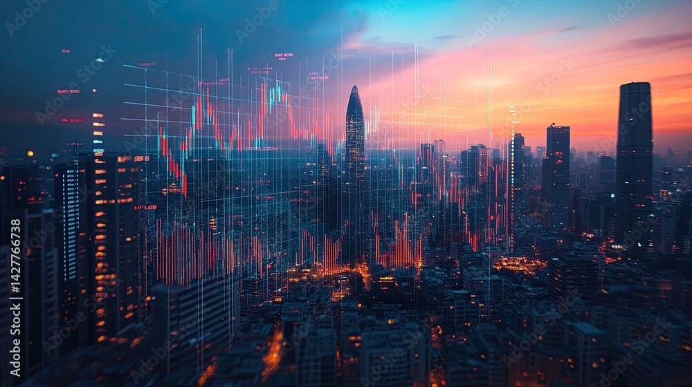 Fototapeta premium City Skyline Model with Overlaid Graphs, Highlighting Business and Growth -