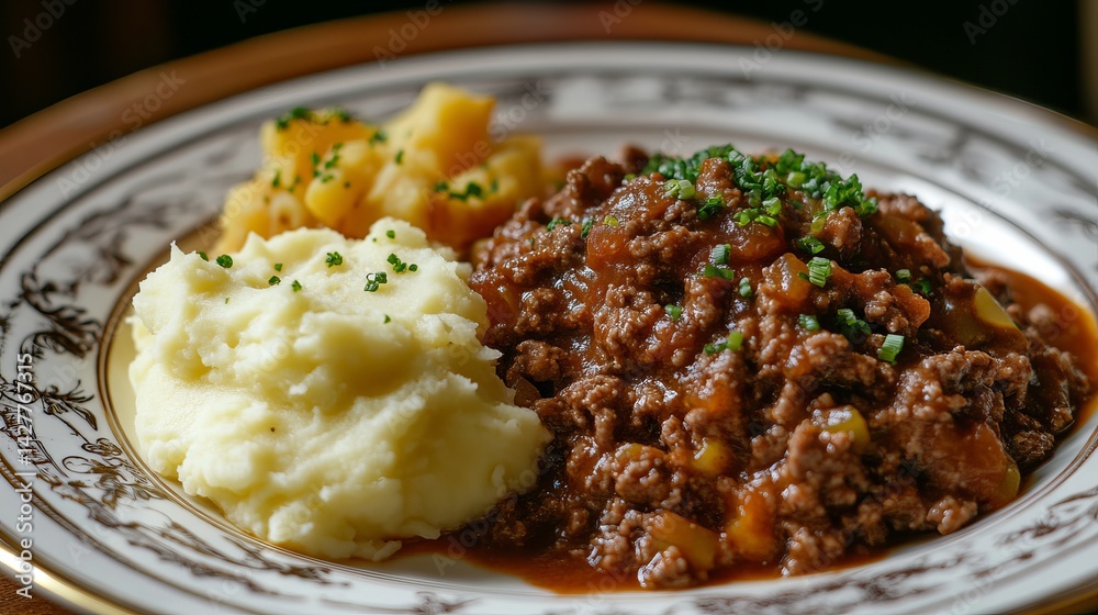 Delicious ground beef stew with mashed potatoes and roasted potatoes red eat food meal home meat dish Delicious ground beef stew with mashed potatoes and roasted potatoes red eat food meal home meat dish
