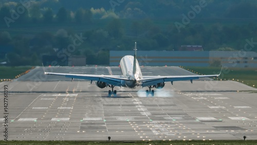 Airplane landing on an airport runway with tire smoke against a cloudy sky and distant buildings in the background