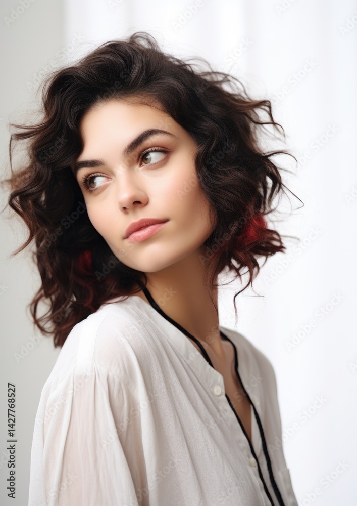 Fototapeta premium Dark Short Curly Hair Woman White Blouse Looking Away Portrait