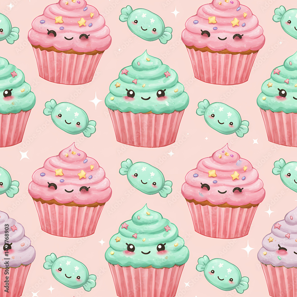 Adorable Kawaii Cupcakes and Candies Seamless Pattern Adorable Kawaii Cupcakes and Candies Seamless Pattern