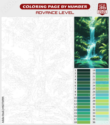 Coloring Page by Numbers – Lush Jungle Waterfall Scene (Advanced Level)