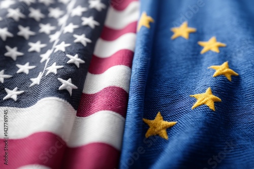 Close-up of the United States and European Union flags side by side with detailed fabric texture. Symbolizes diplomacy, international relations, and transatlantic cooperation.