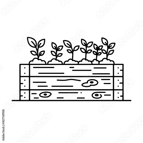 Gardening box with sprouting plants in minimalist line art  