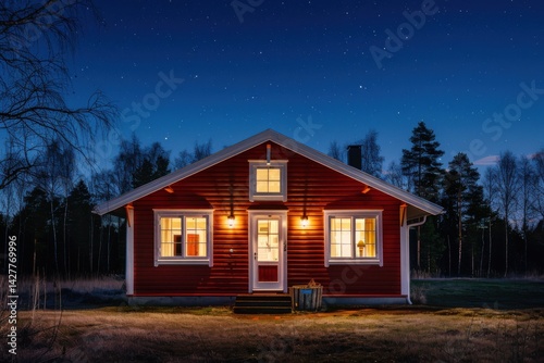 Small red wooden cabin illuminated warmly at night under a clear starry sky, surrounded by trees. Evokes themes of solitude, nature, retreat, and peaceful countryside living.