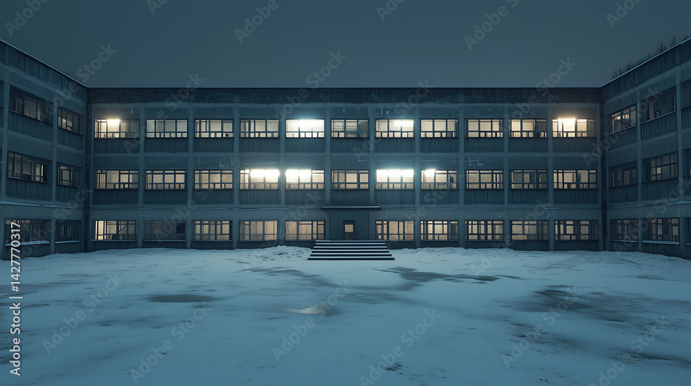 Obraz premium Deserted snow-covered courtyard of an old institutional building lit by glowing windows on a cold winter night.