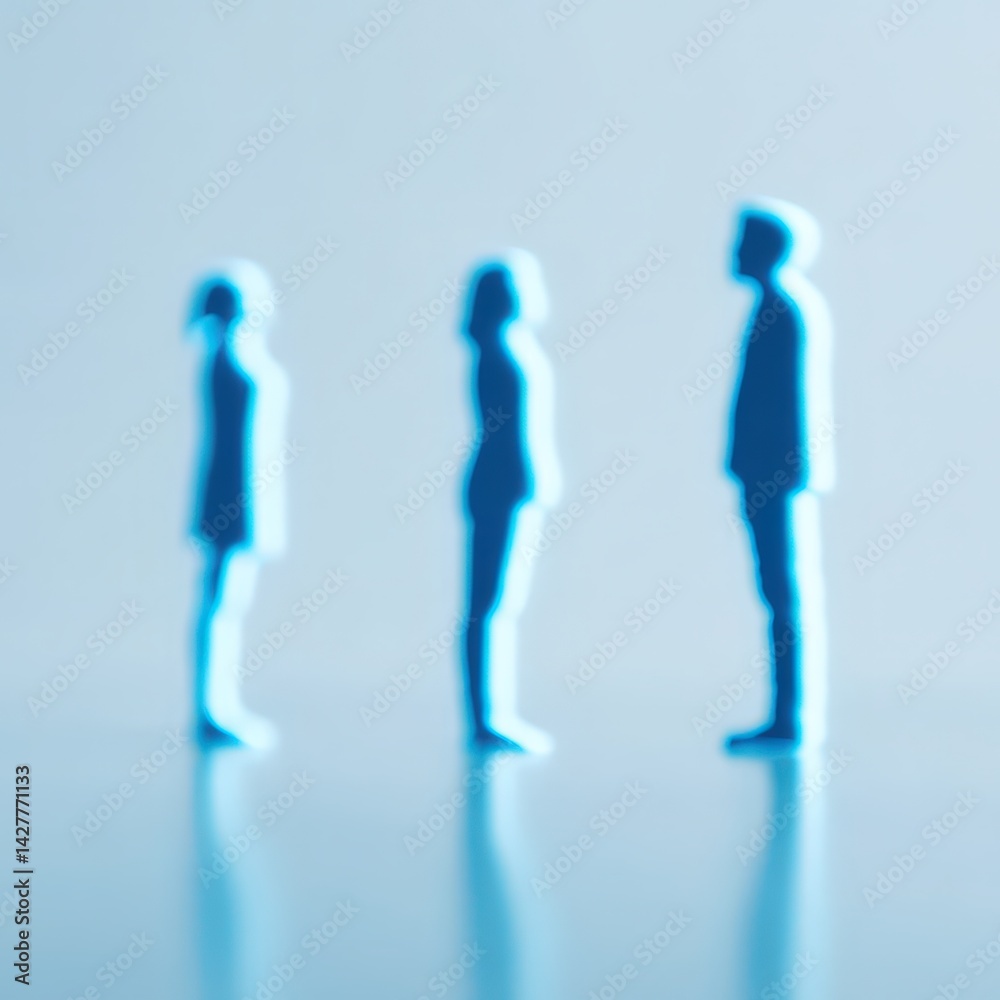 Business team silhouettes analyzing data on holographic screen, blue tech glow