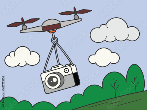 Cartoon drone carrying a camera flying over a green landscape with clouds

