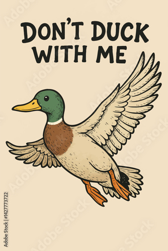 Cartoon Flying Duck with Spread Wings and Funny Text Message