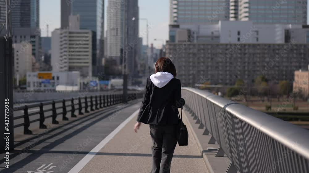 音楽を聴きながら歩道を歩く女性の後ろ姿フォローショット 音楽を聴きながら歩道を歩く女性の後ろ姿フォローショット