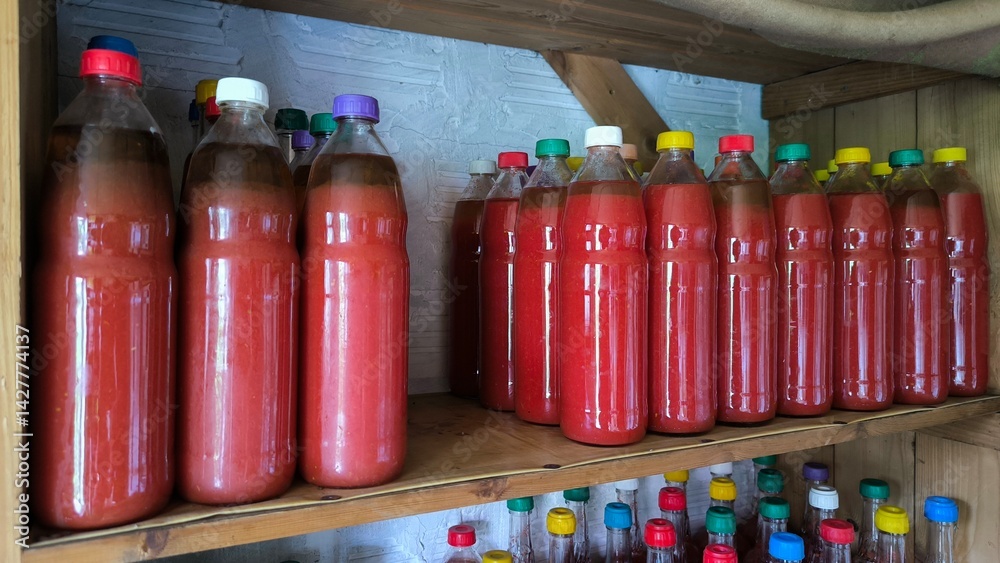tomato juice preserved in the glass bottles