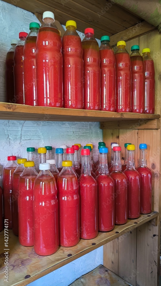tomato juice preserved in the glass bottles