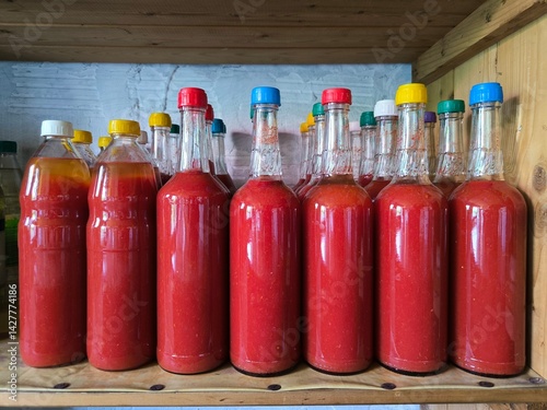 tomato juice preserved in the glass bottles