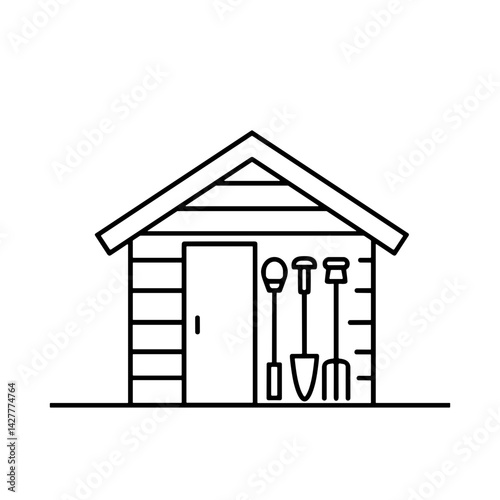 Outline of a garden shed with gardening tools  
