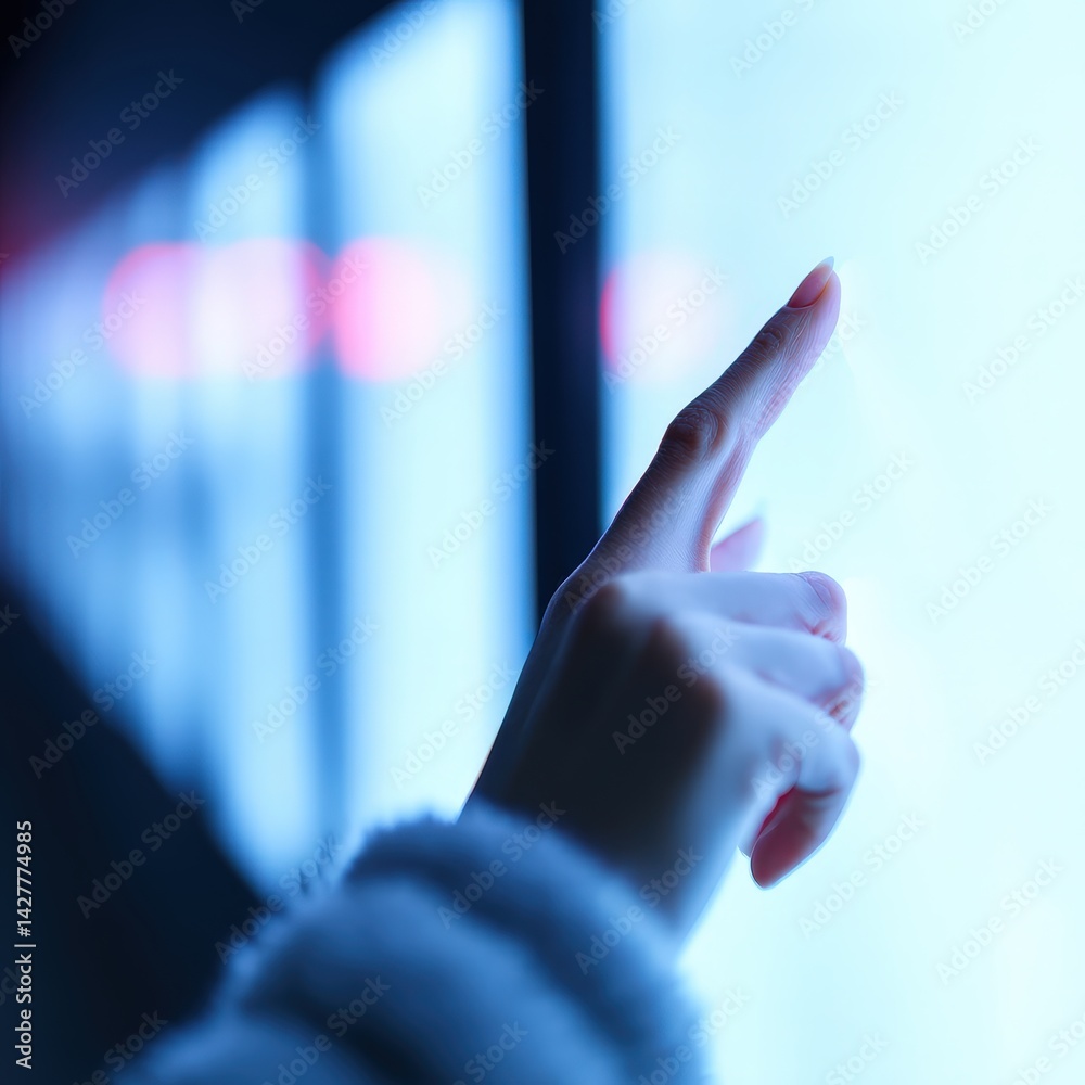 Hands interacting with multi-touch data wall, blue tech tone