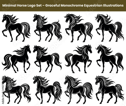 Twelve Horses Seamless Pattern. Elegant Stallions in Various Poses. Black on White