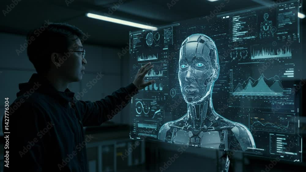 A person is engaging with an advanced robotic figure in a high-tech environment filled with digital displays and data visualizations. The interaction takes place in a dimly lit space, highlighting the