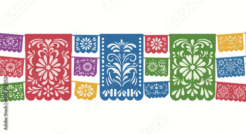 Colorful papel picado banners celebrating Cinco de Mayo  