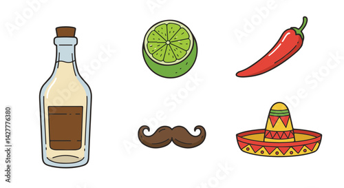 Cinco de Mayo festivities with bottle, lime, chili, mustache, sombrero  